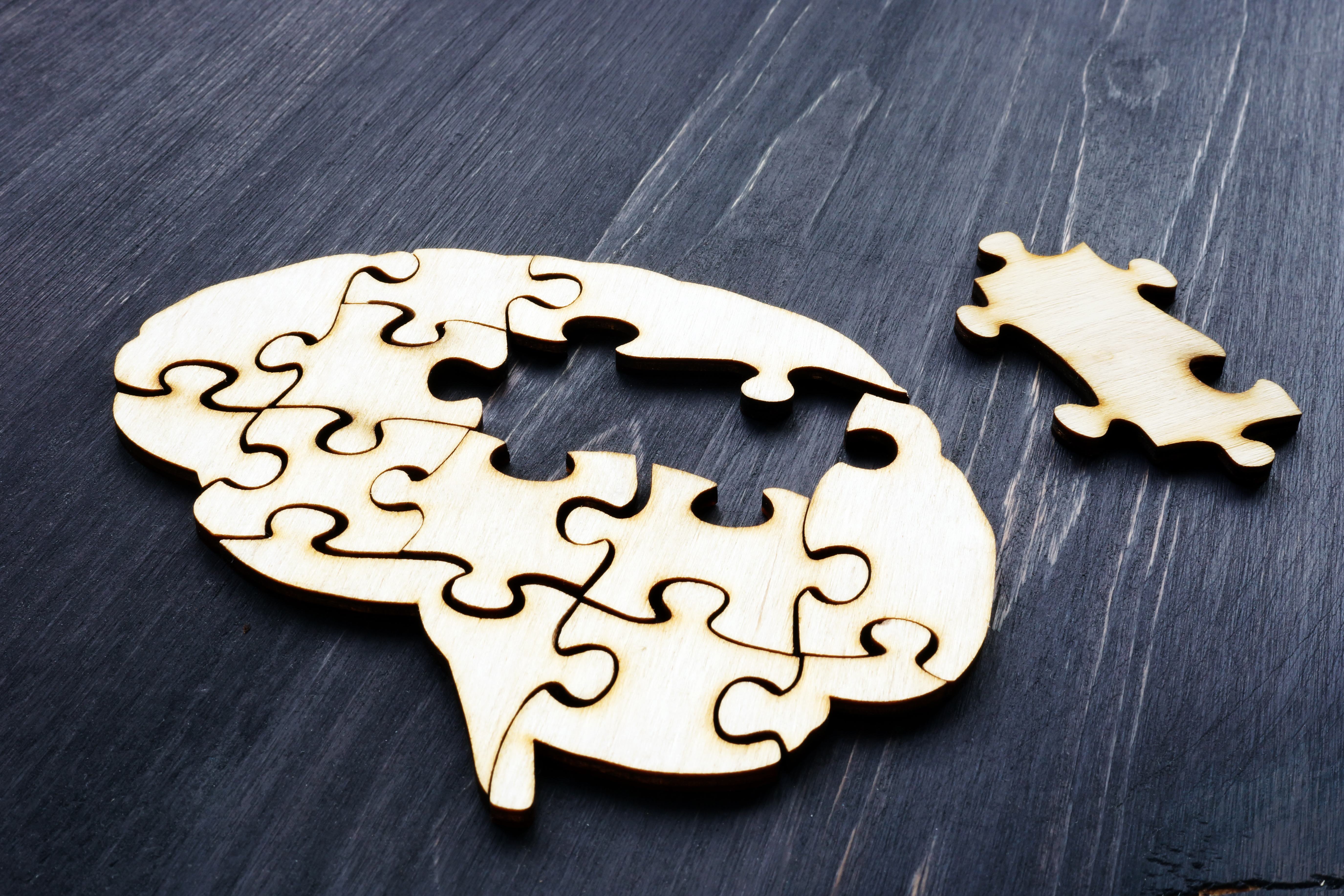 Wooden puzzle on the floor in the shape of a brain, with one piece removed waiting to be added. 