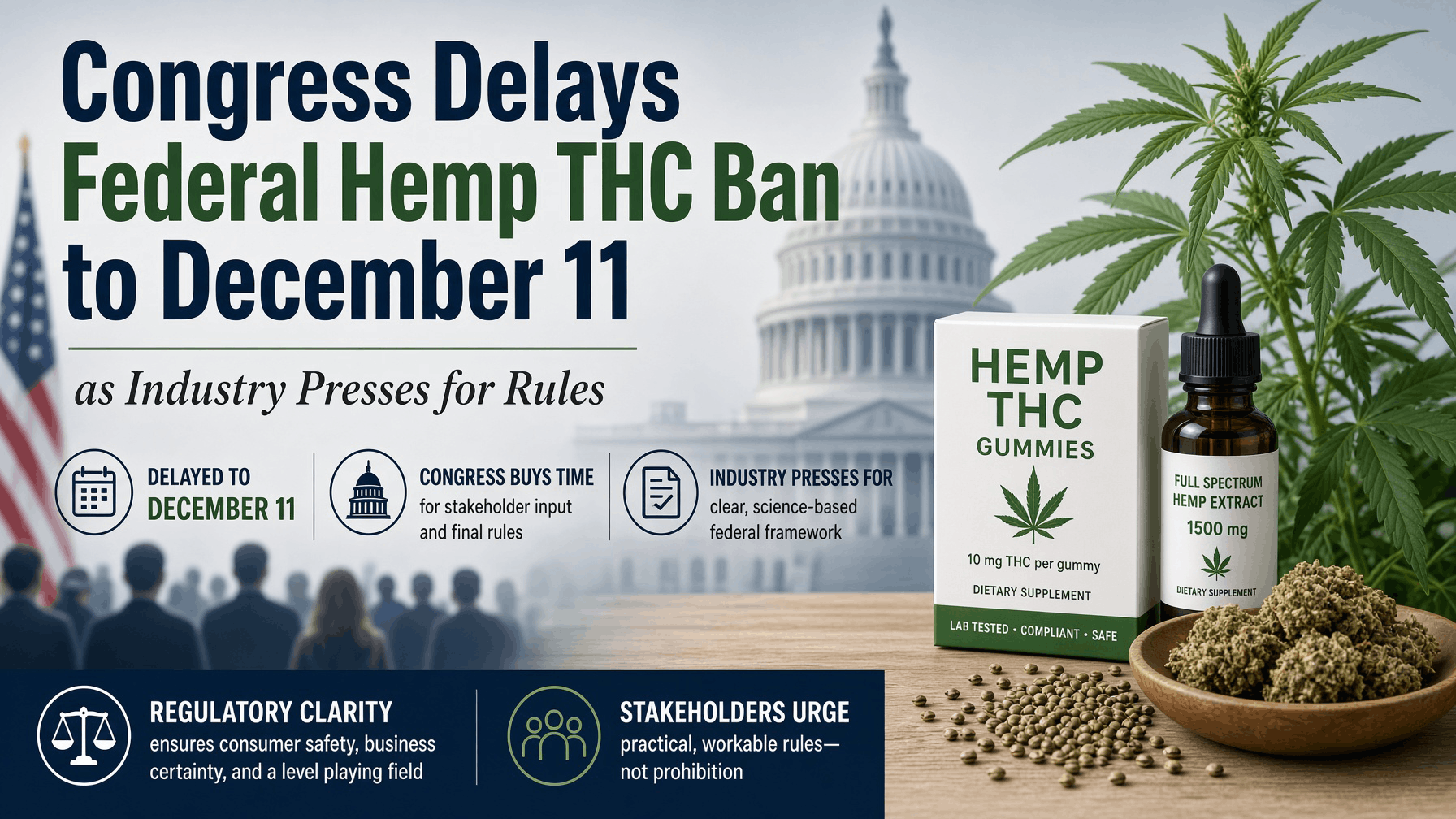 Congress Delays Federal Hemp THC Ban to December 11 as Industry Presses for Rules